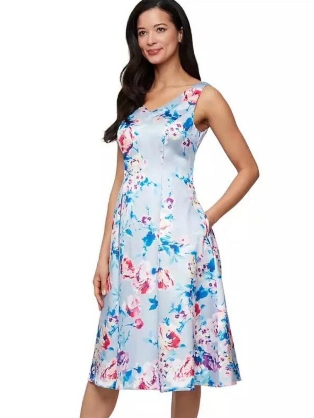 Alex Evenings NWT Size 10 Lilac Blue Floral Fit Flare Midi Dress $299 Formal